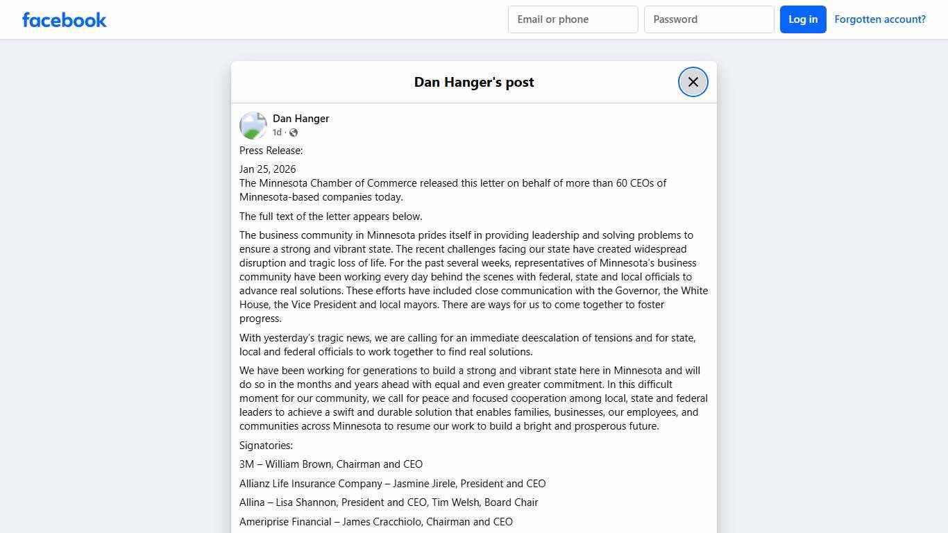 Dan Hanger - Press Release: Jan 25, 2026 The Minnesota... Facebook